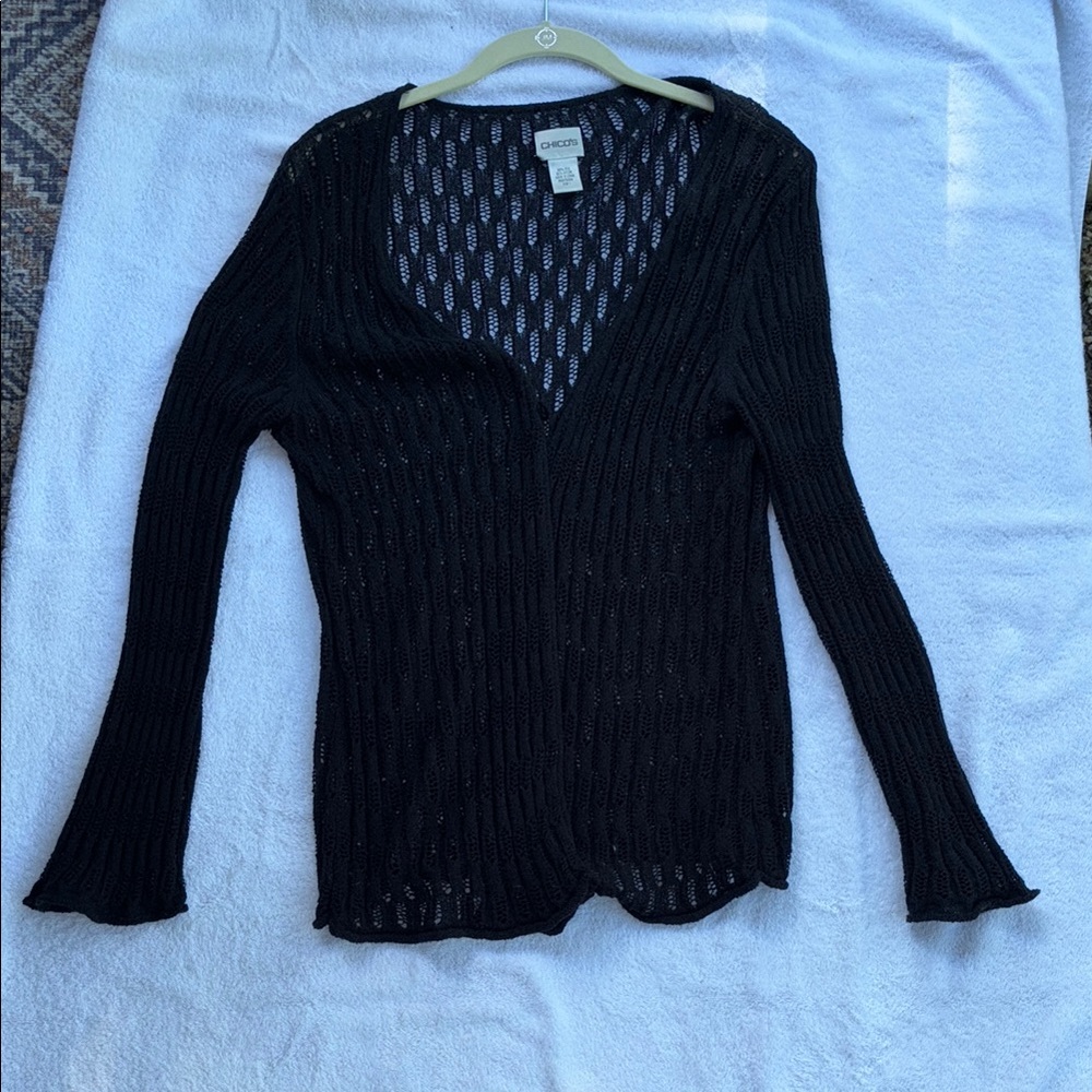 Chico's Black Textured Cardigan with Flared Cuffs